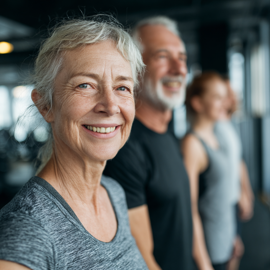 Mature professionals exercising together in a modern fitness environment showing wellness benefits
