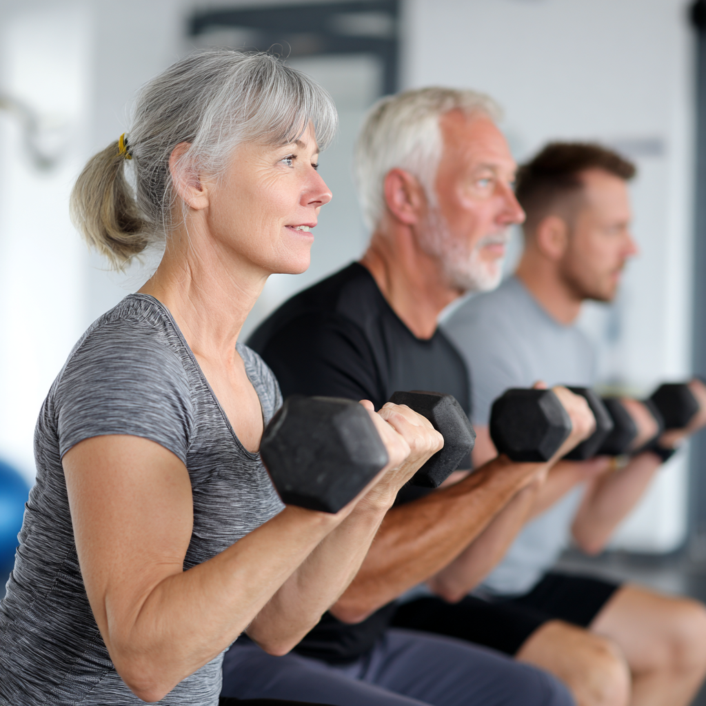 Middle-aged adults engaging in strength training exercises with professional guidance
